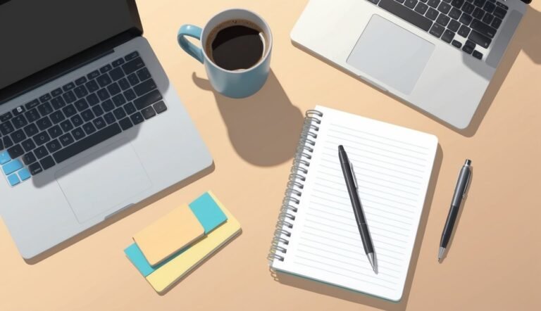 Two laptops, coffee mug, notepad, pens, and sticky notes on a desk