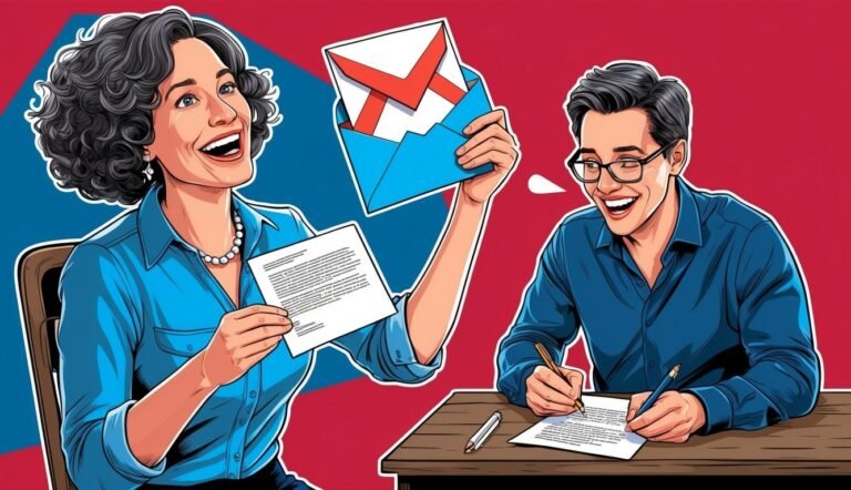Two people smiling, one holding an email, the other writing