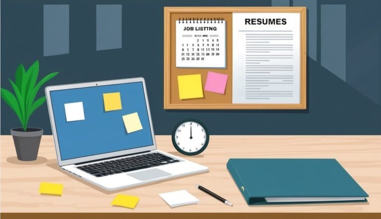 Laptop, job listing, resumes, and clock on a desk, job search concept