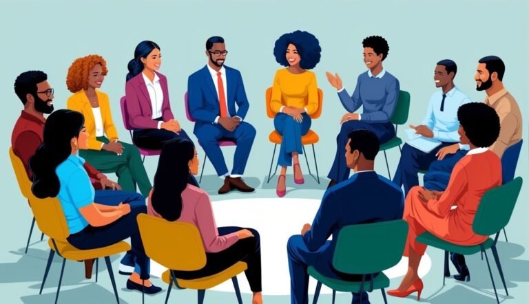 Diverse group of people sitting in a circle, possibly a therapy session