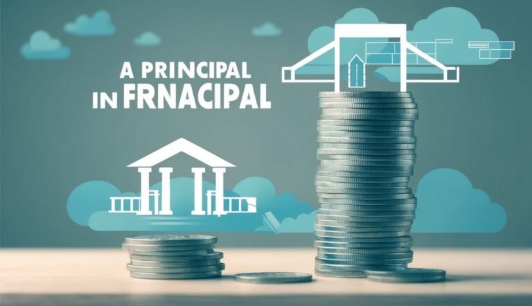 Stacks of coins with architectural illustrations and text "A Principal in Frnacipal"