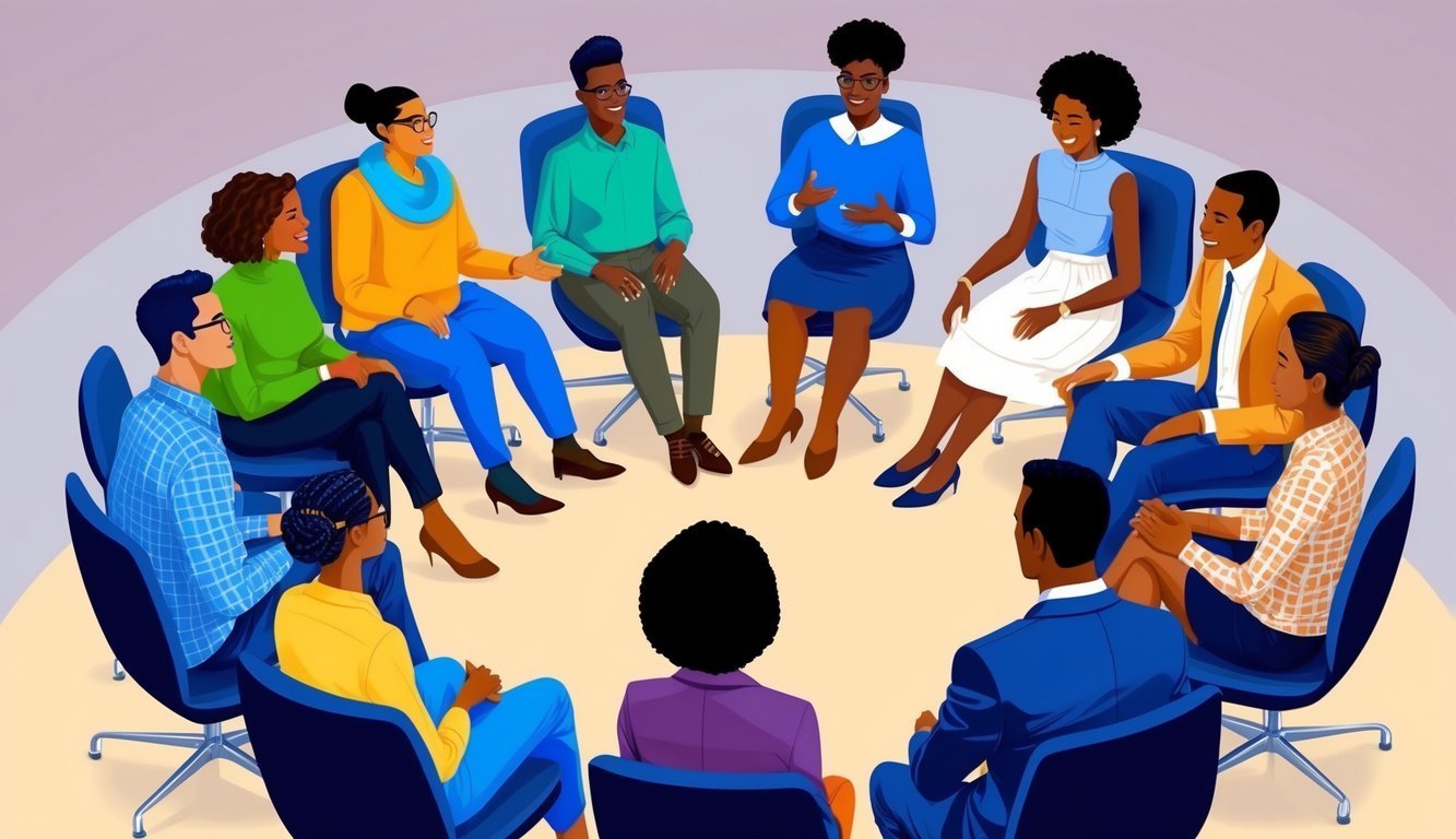 Diverse group of people sitting in a circle, possibly a therapy session