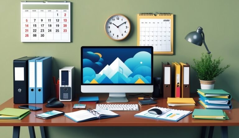 Desk with computer, calendars, clock, files, lamp, and a small potted plant