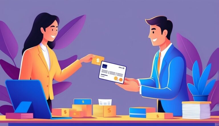 Woman giving a credit card to a man, financial transaction illustration