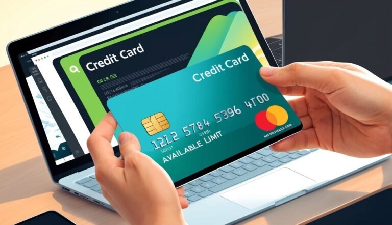 Hands holding a credit card in front of a laptop screen displaying credit card details