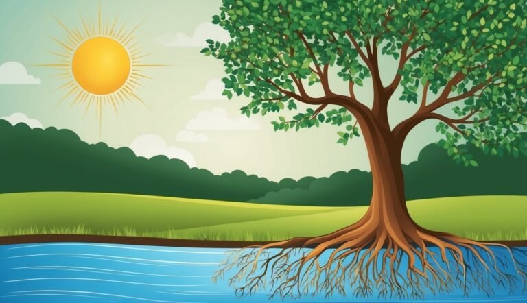 Cartoon illustration of a tree with exposed roots by water, sunny day