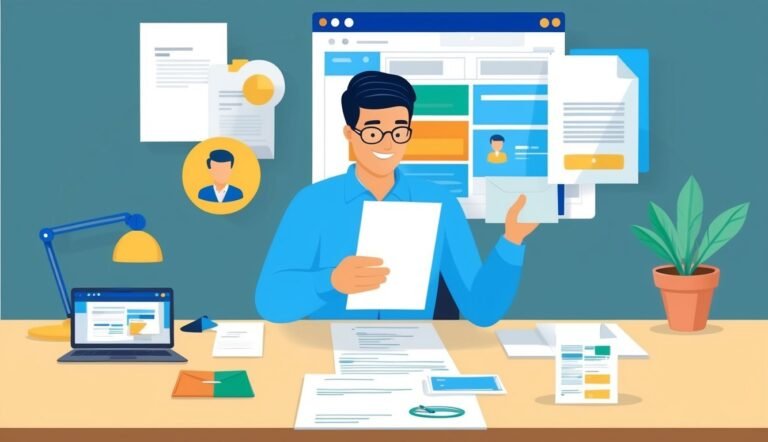 Man working at a desk with documents, laptop, and website interface