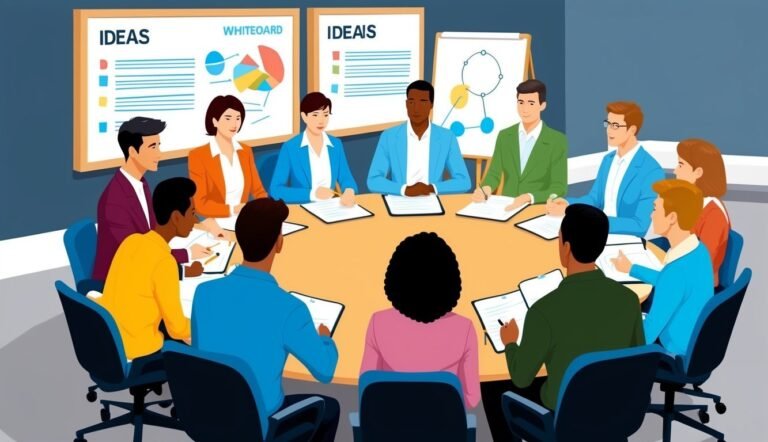 Business team in a meeting around a round table with whiteboards