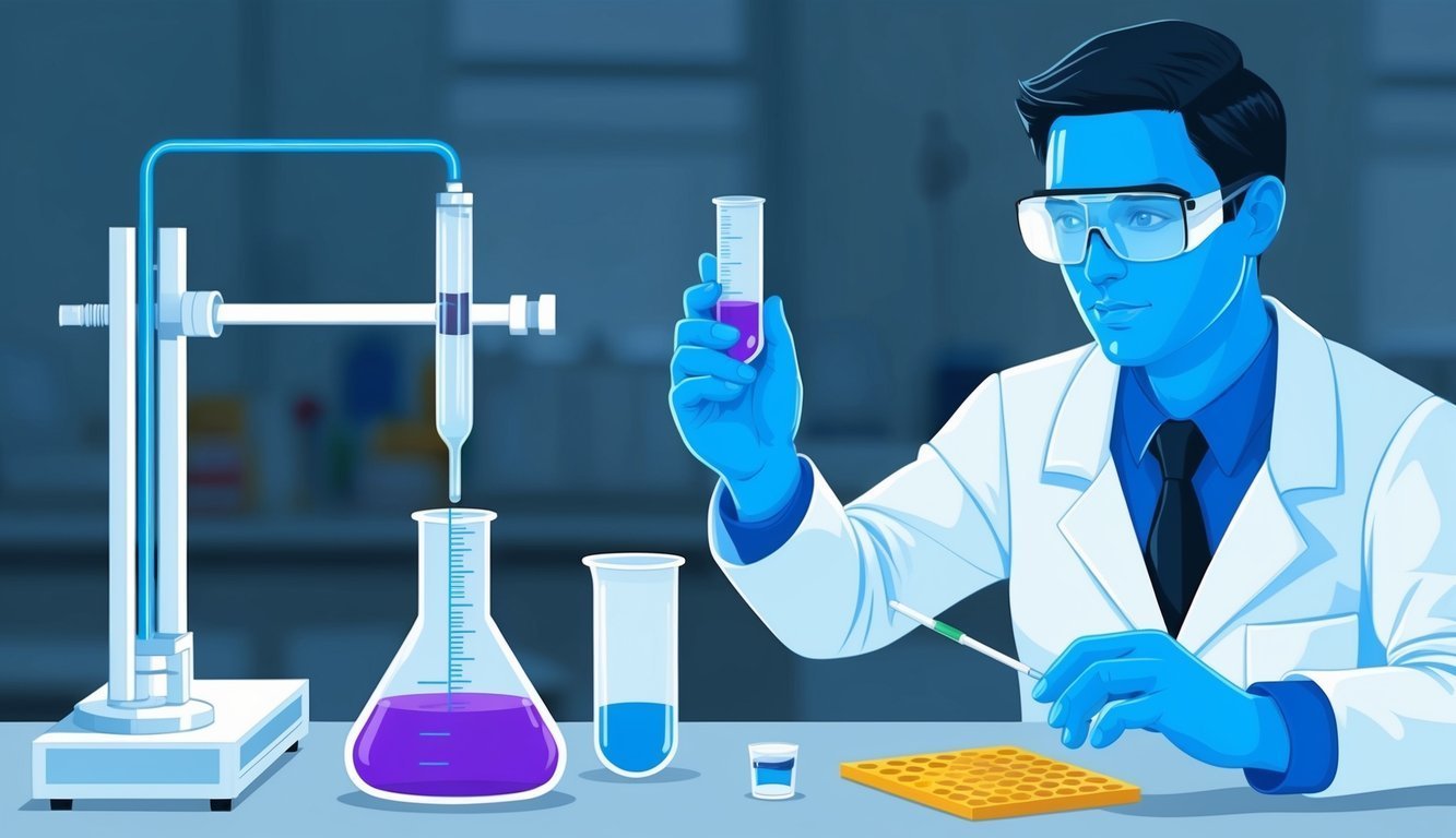Scientist in lab coat with equipment, holding a test tube with purple liquid