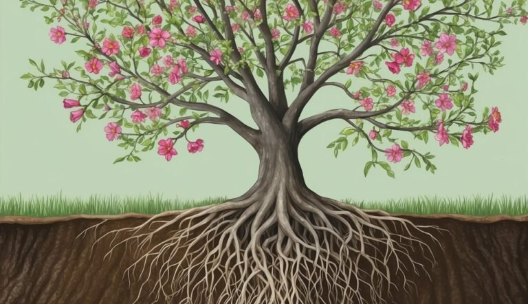 Illustration of a tree with pink flowers, roots, and grass