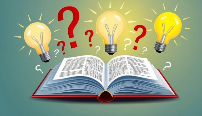 Open book with lightbulbs and question marks floating above it