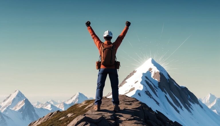 Hiker with arms raised on mountain peak, snow-capped mountains in background