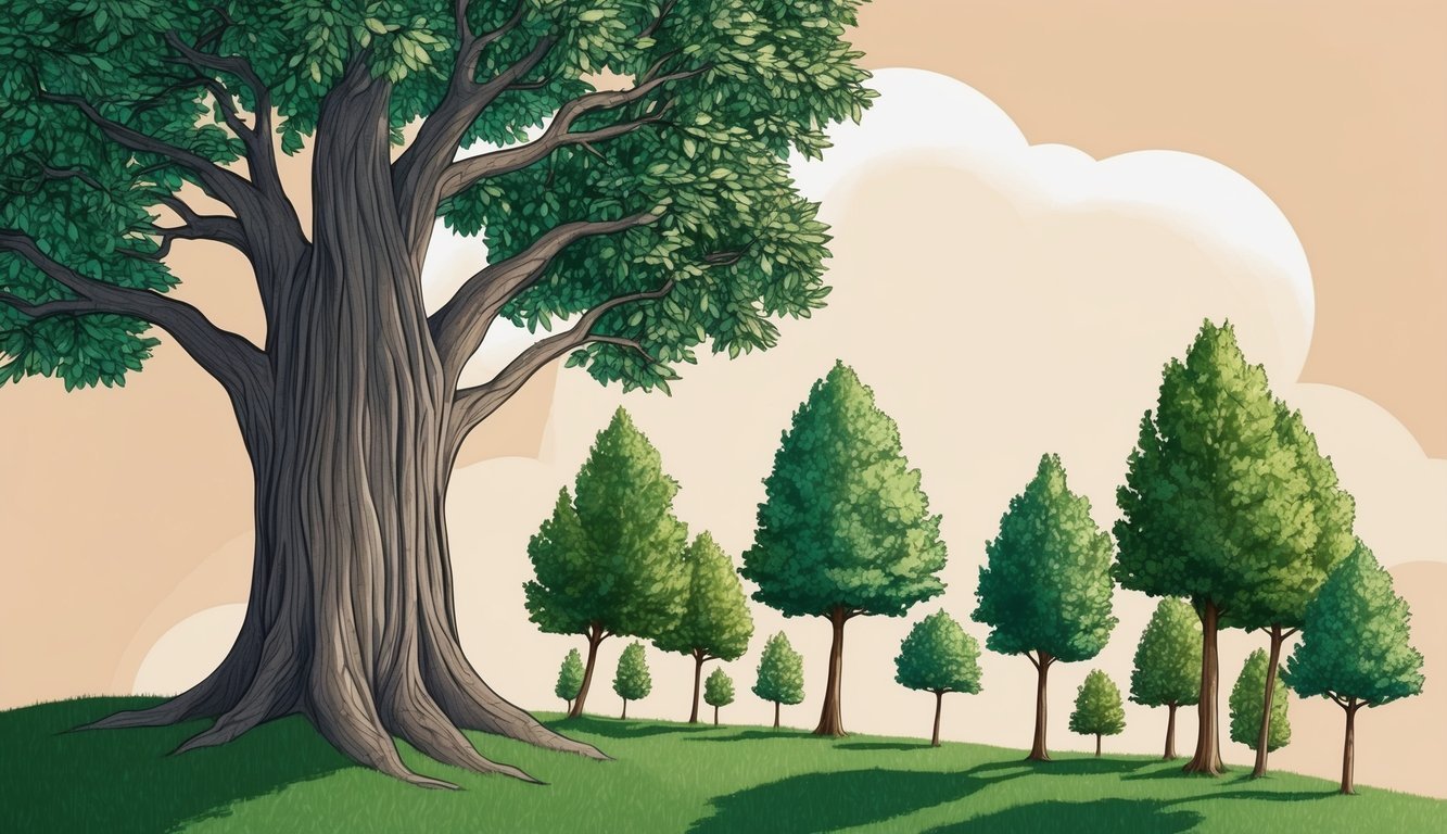 Large tree with smaller trees on a grassy hill, cartoon style