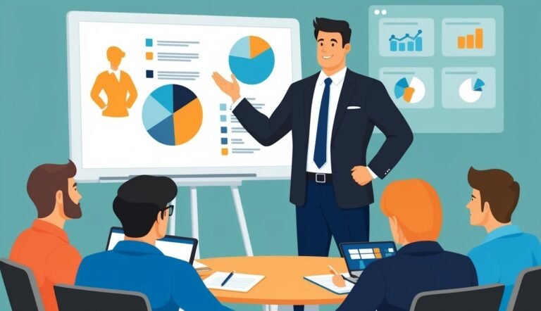 Business presentation with a man pointing at charts and graphs