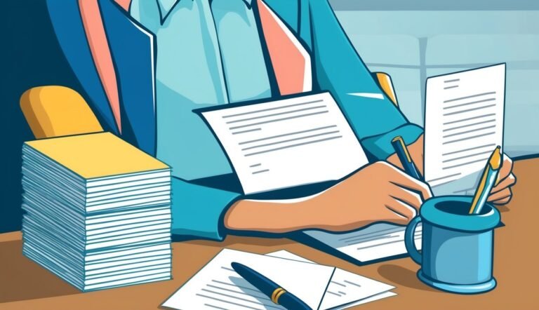 Person writing on paper at a desk with a stack of papers