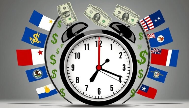 Alarm clock with money, flags, and dollar signs, representing time and money