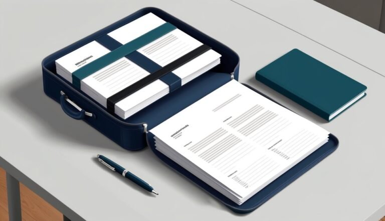 Blue briefcase with papers, pen, and notebook on a gray surface