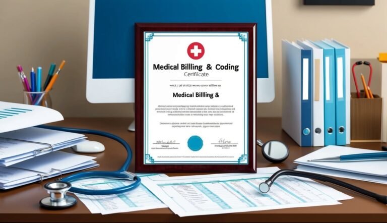 Medical Billing & Coding certificate on desk with stethoscope and documents