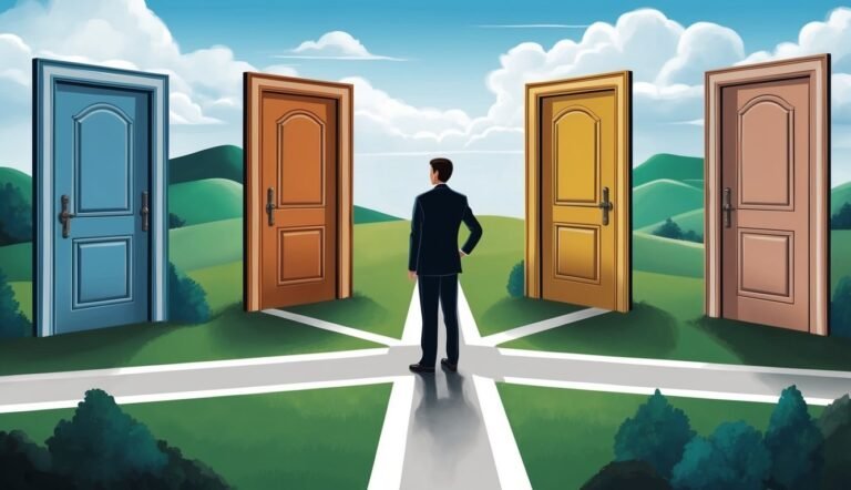 Man standing before four colorful doors on a path, decision concept