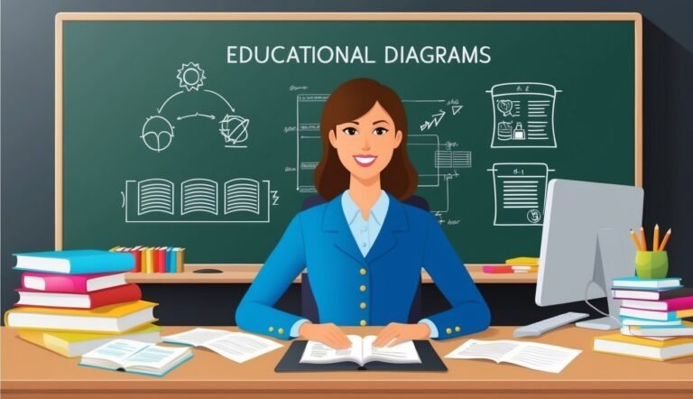 Smiling woman in blue blazer with books and diagrams on chalkboard