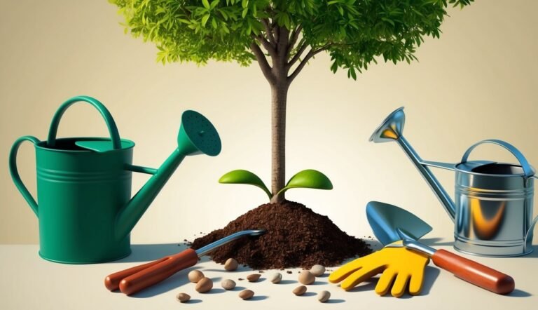 Small tree with gardening tools, seeds, and watering cans