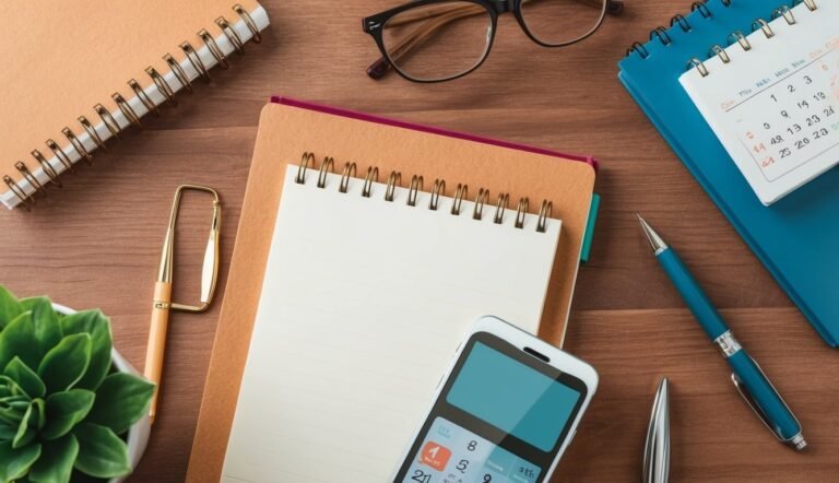 Desk with notebooks, pens, glasses, calendar, phone, and a small plant