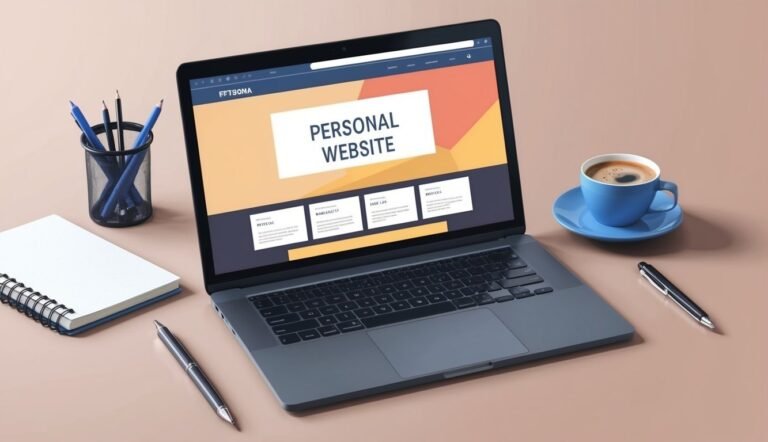 Laptop displaying a personal website, with coffee, pens, and notepad on a desk