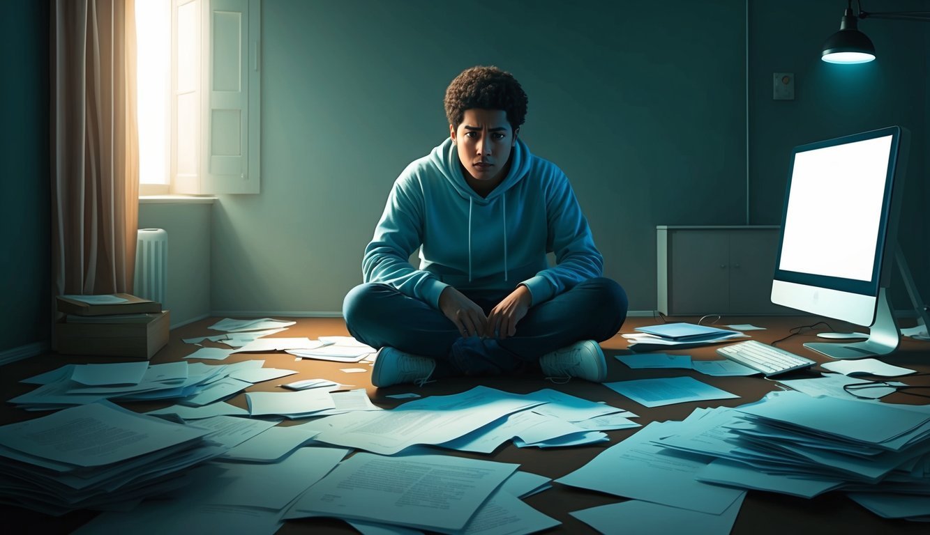 Young man surrounded by papers, sitting in a room with a computer
