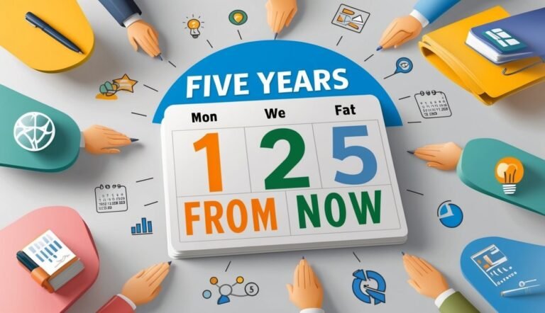 Calendar with "Five Years From Now" surrounded by hands and icons