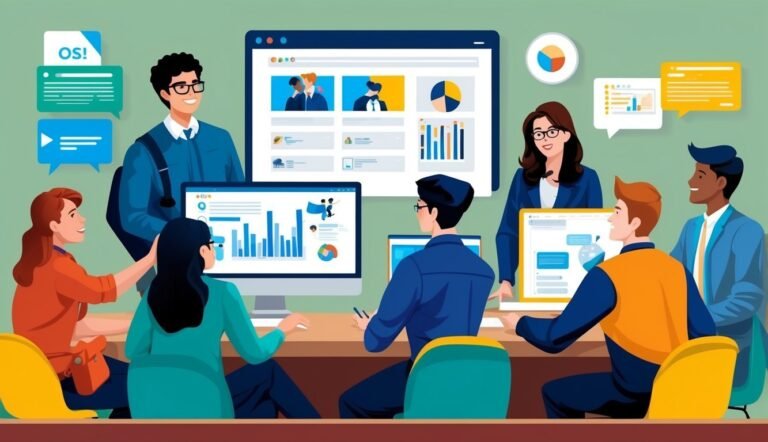 Business team meeting around computers, discussing data and charts