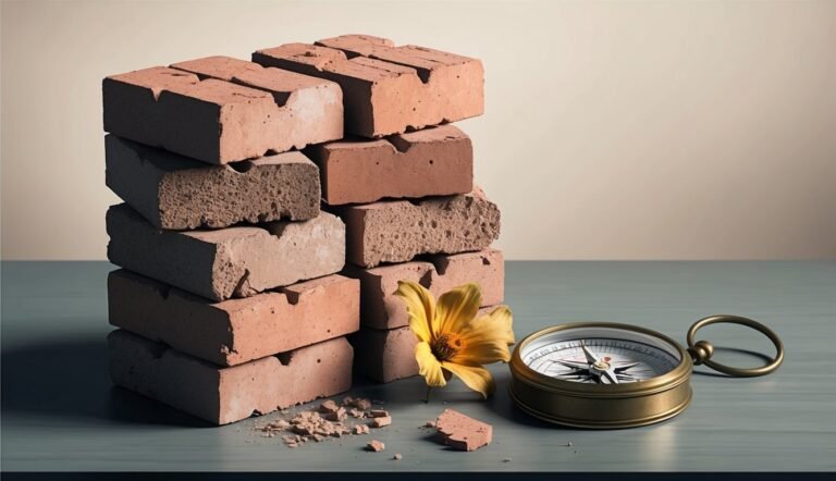 Stack of bricks, compass, and flower on a table