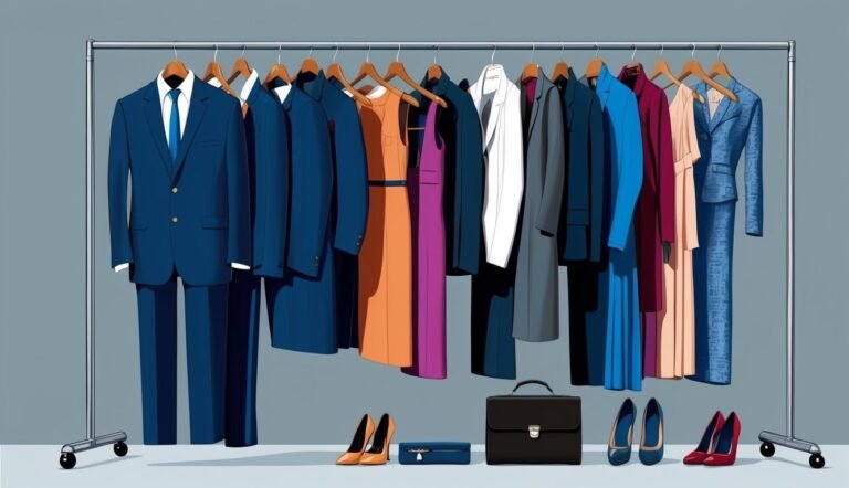 Clothes rack with suits, dresses, shoes, and a briefcase