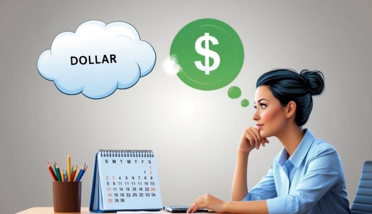 Woman thinking about money, dollar sign in thought bubble, calendar on desk