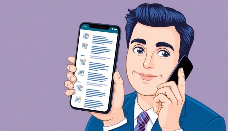 Cartoon man on the phone, holding a phone with a document list