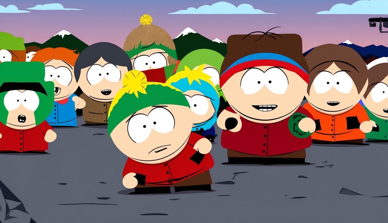 South Park characters standing together on a gray surface, cartoon style