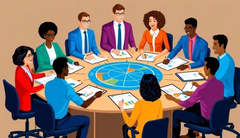 Diverse group of people in business attire at a round table meeting