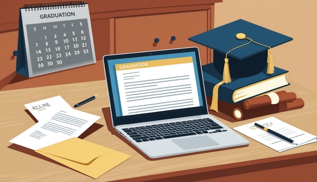 Graduation scene: laptop, cap, books, calendar, resume, and diploma scrolls on desk