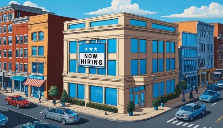 Illustration of a building with a "Now Hiring" sign in a city