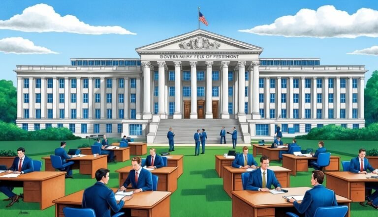 Cartoon of government building with people working at desks on lawn