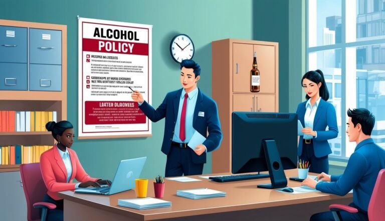 Office meeting with a man pointing at an alcohol policy sign