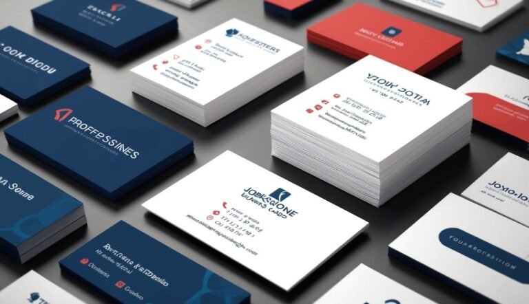 Stacks of business cards in various colors and designs on a surface