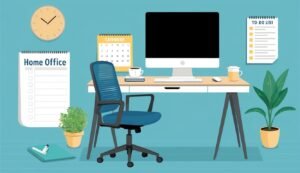 Illustration of a home office with a desk, computer, chair, and accessories