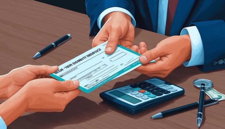 Hands exchanging a disability insurance check over a desk with calculator