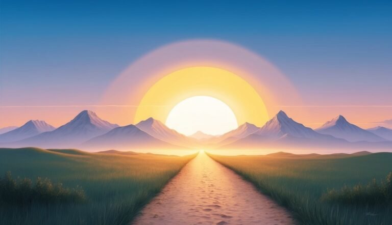 Path leading to the sun over mountains and grassy fields at sunset