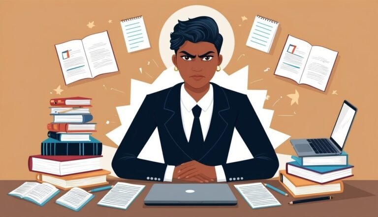 Angry person in a suit surrounded by books, papers, and a laptop