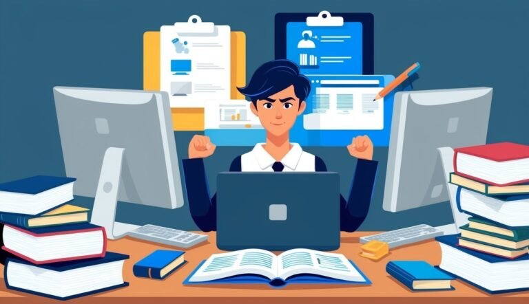 Man at desk with laptop, books, and computer monitors, celebrating
