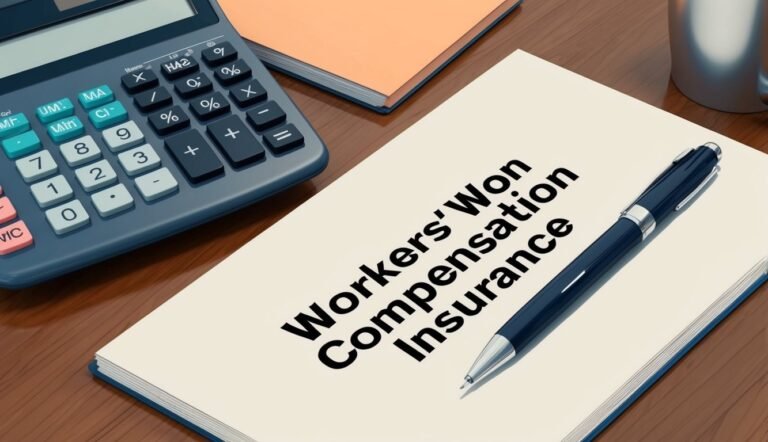 Workers' Compensation Insurance document with pen, calculator, and notepad on a desk