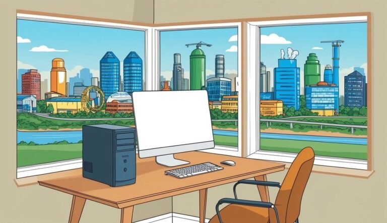 Office desk with computer, keyboard, and city skyline view through windows