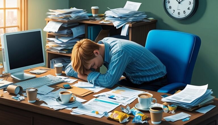 Exhausted person asleep at messy desk covered in papers and coffee cups