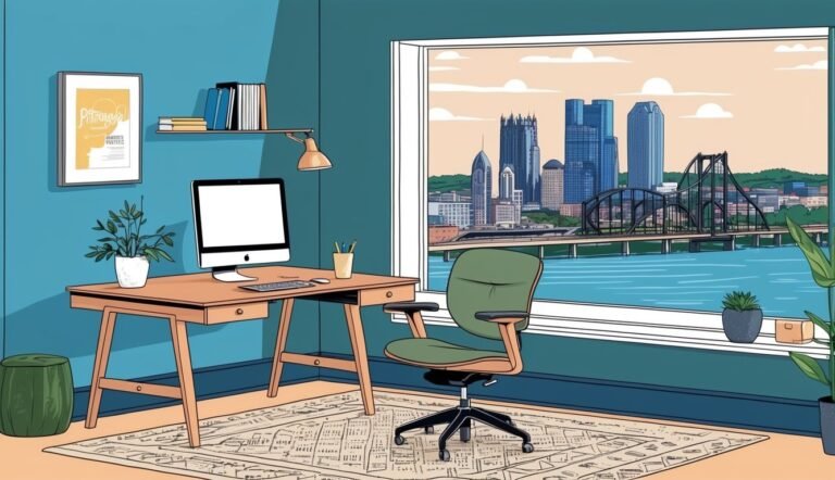 An office with a desk, computer, and a city view through the window
